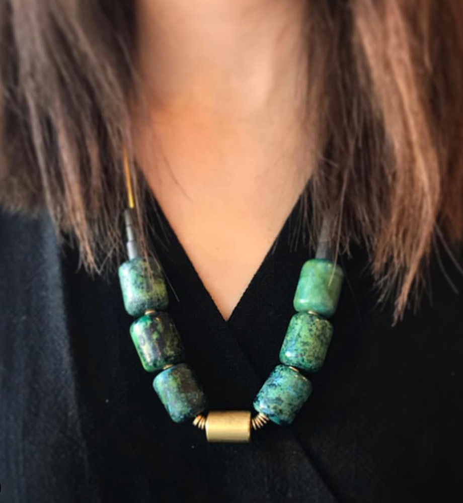 Geometric green and black stone barrel necklace