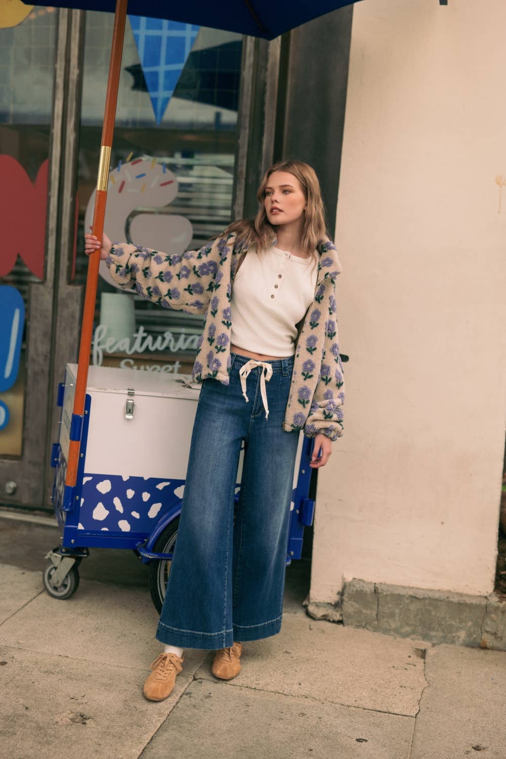 Flower Print Sherpa Jacket • Periwinkle & Ecru