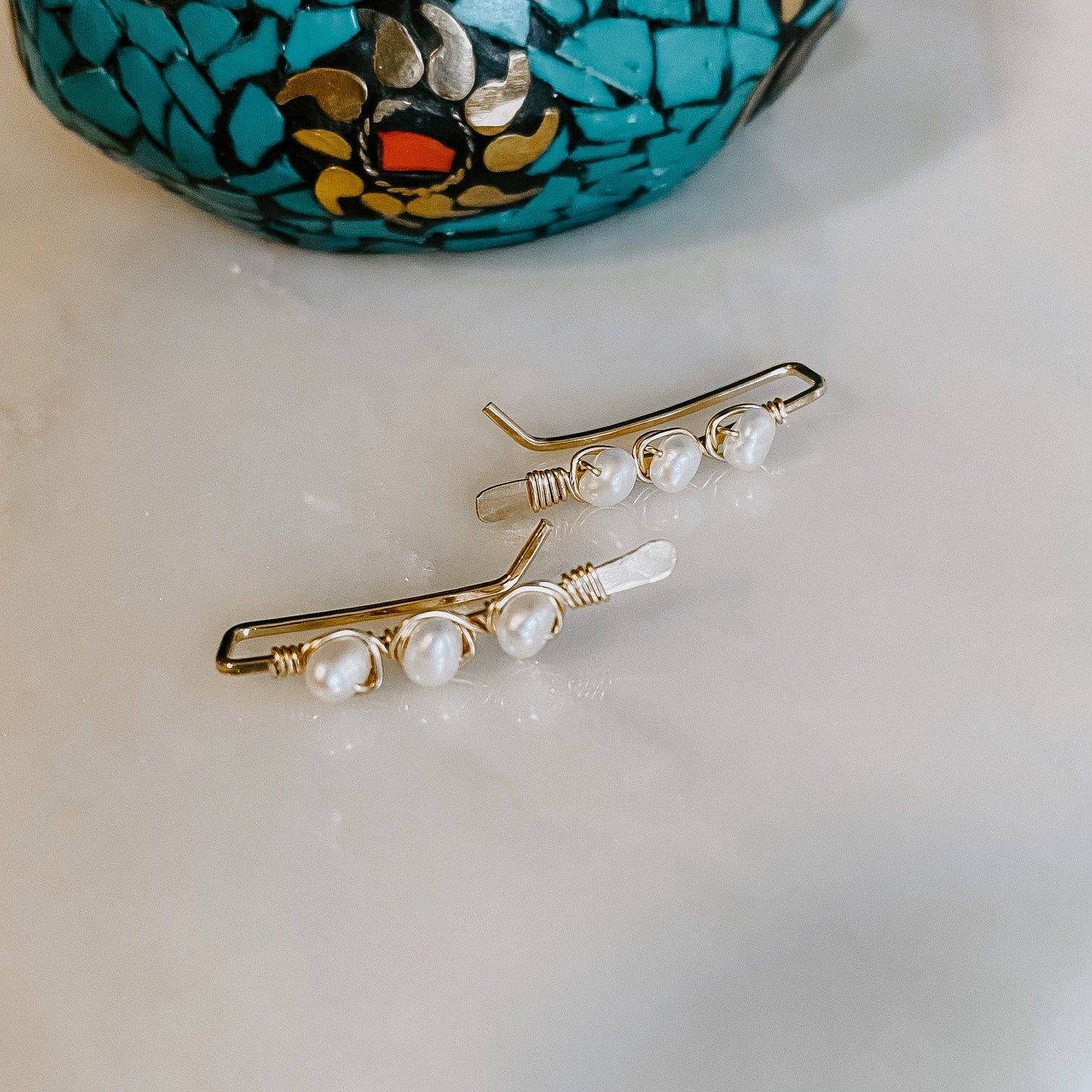 Pearl Ear Climber Earrings Gold or Silver