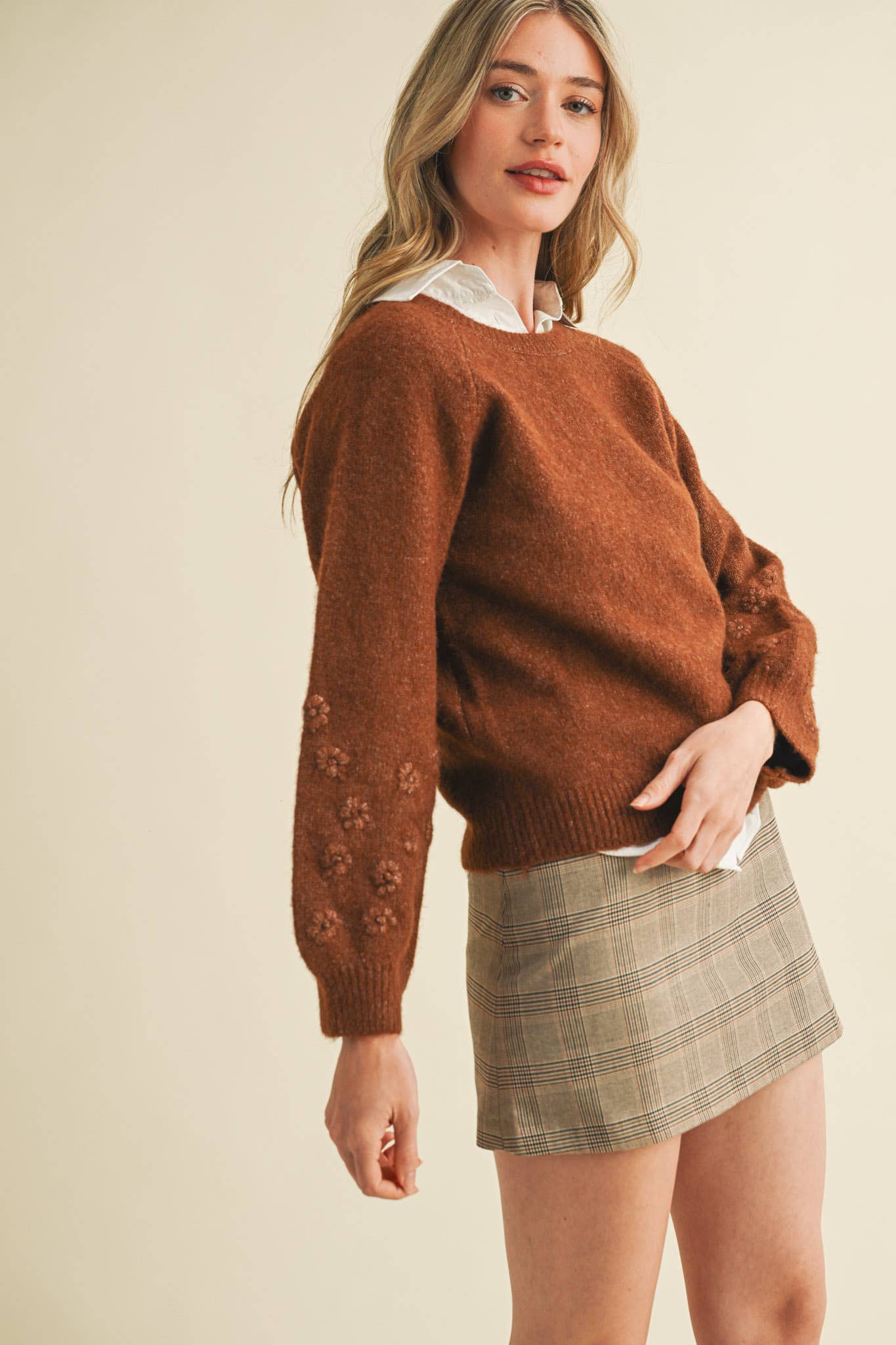 Floral Puff Sleeve Sweater Brown