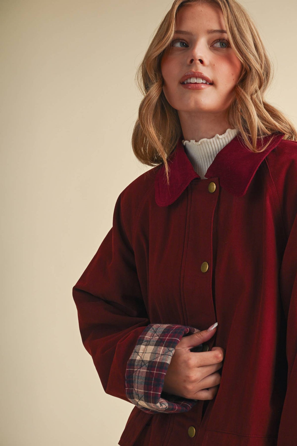 Cotton A-Line Jacket with Plaid Detail • Burgundy