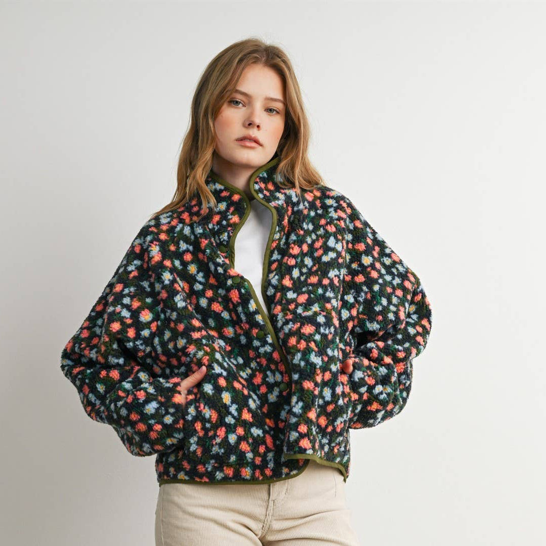 Ditsy Floral Sherpa Fleece Jacket • Olive