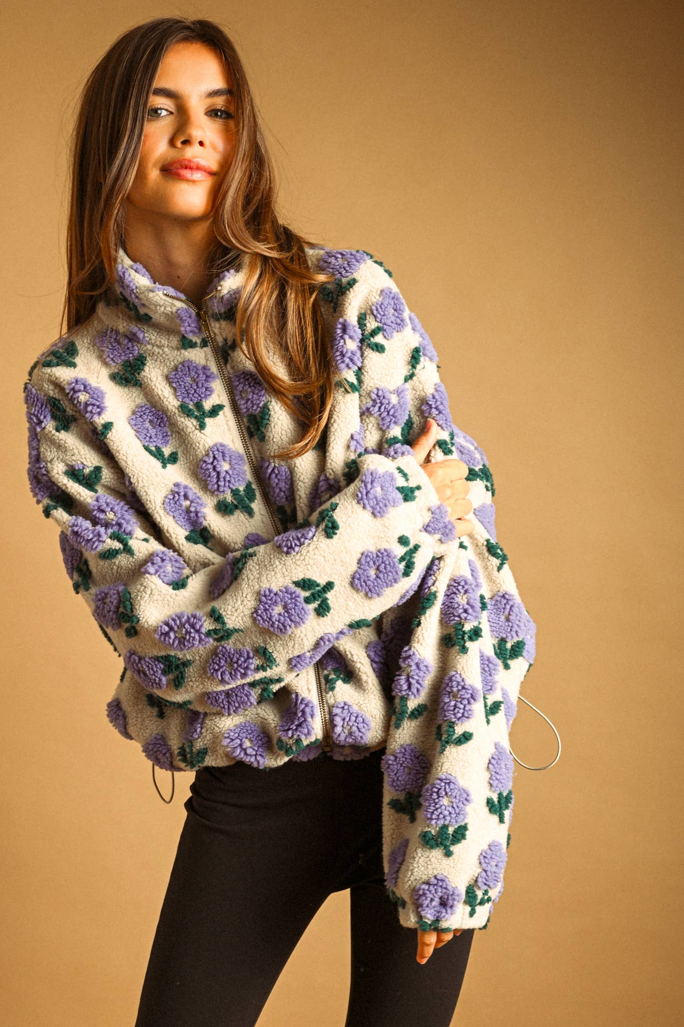Flower Print Sherpa Jacket • Periwinkle & Ecru