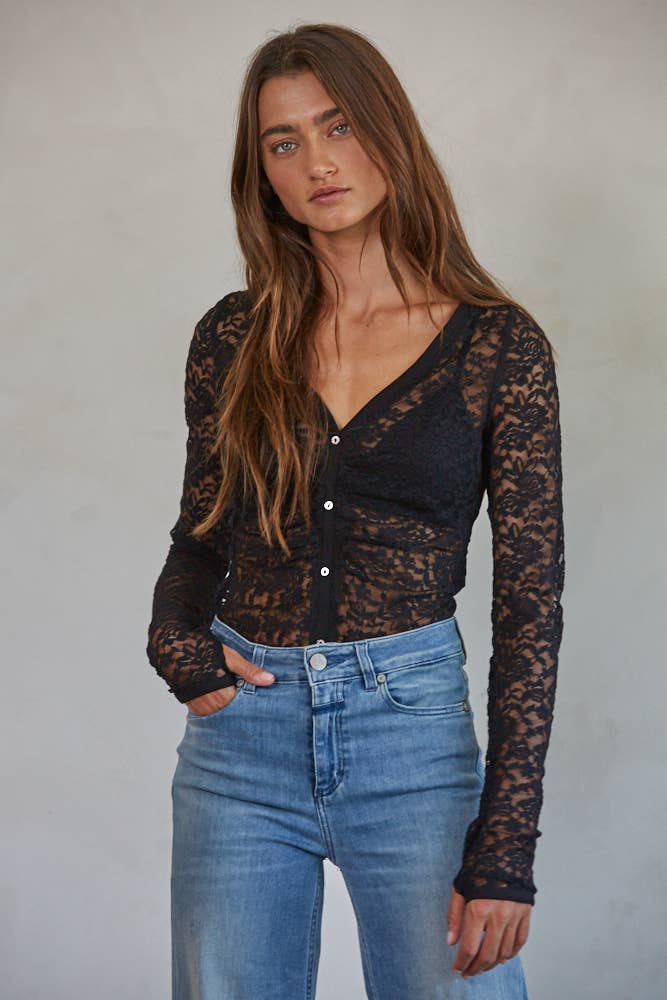 Floral Lace Abalone Button Down Bodysuit • Black