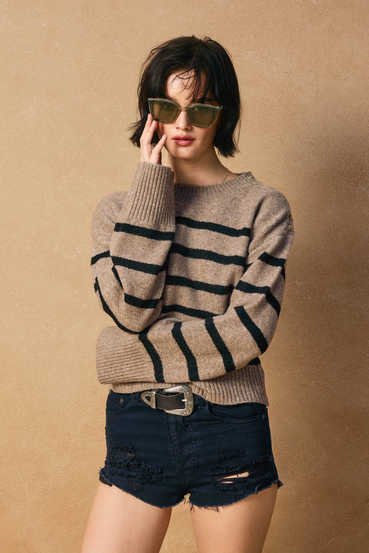 Striped Button Detail Sweater • Dark Taupe Black