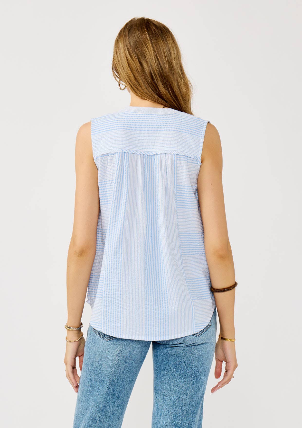 Striped Button-Down Embroidered Tank Light Blue & White