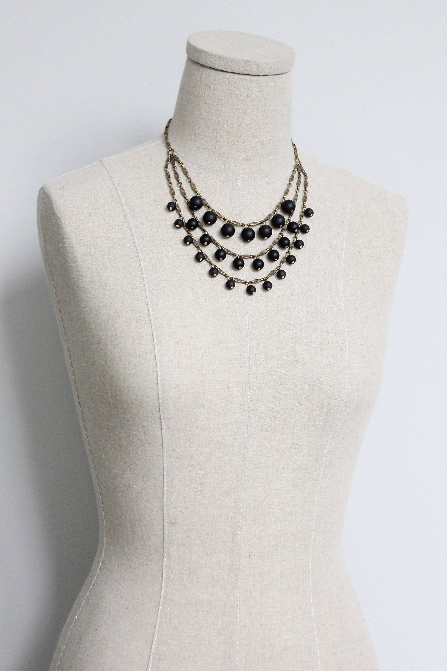 Beaded Glass Bib Statement Necklace Matte Jet Black