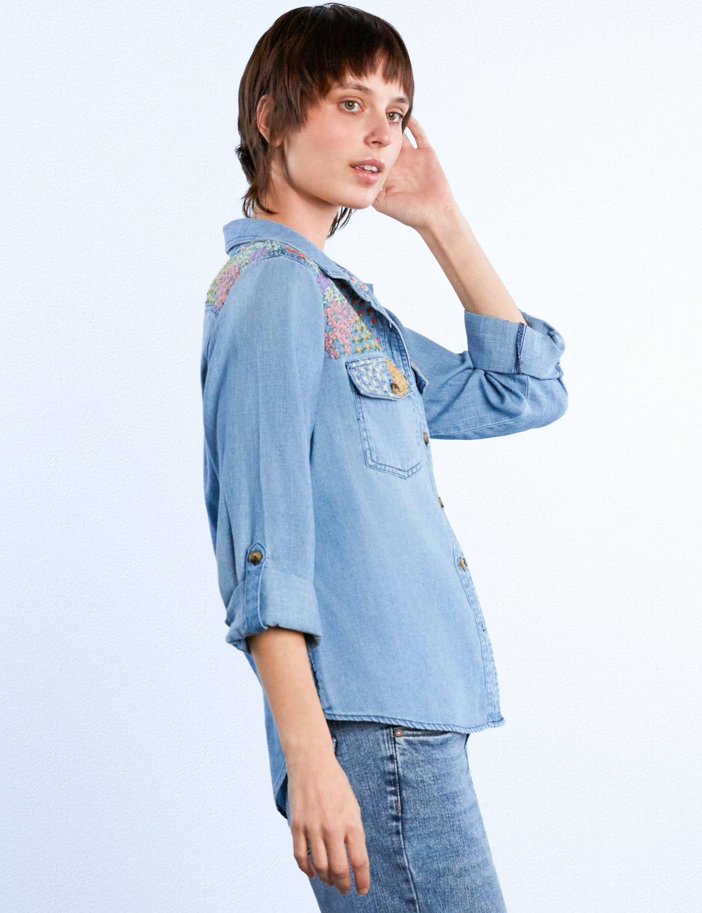 Billy T • Flower Patch Embroidered Shirt • Chambray Denim