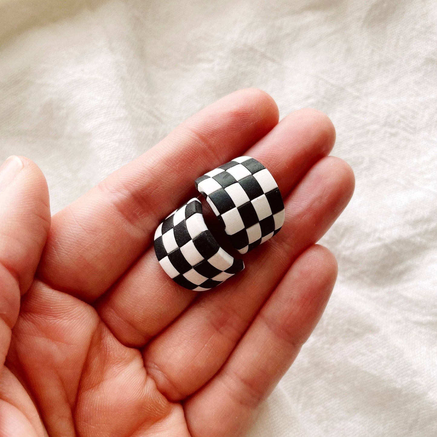 Meadow & Mae • Checkerboard Huggies Statement Earrings • Black & White