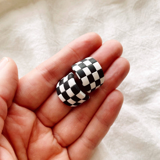 Meadow & Mae • Checkerboard Huggies Statement Earrings • Black & White