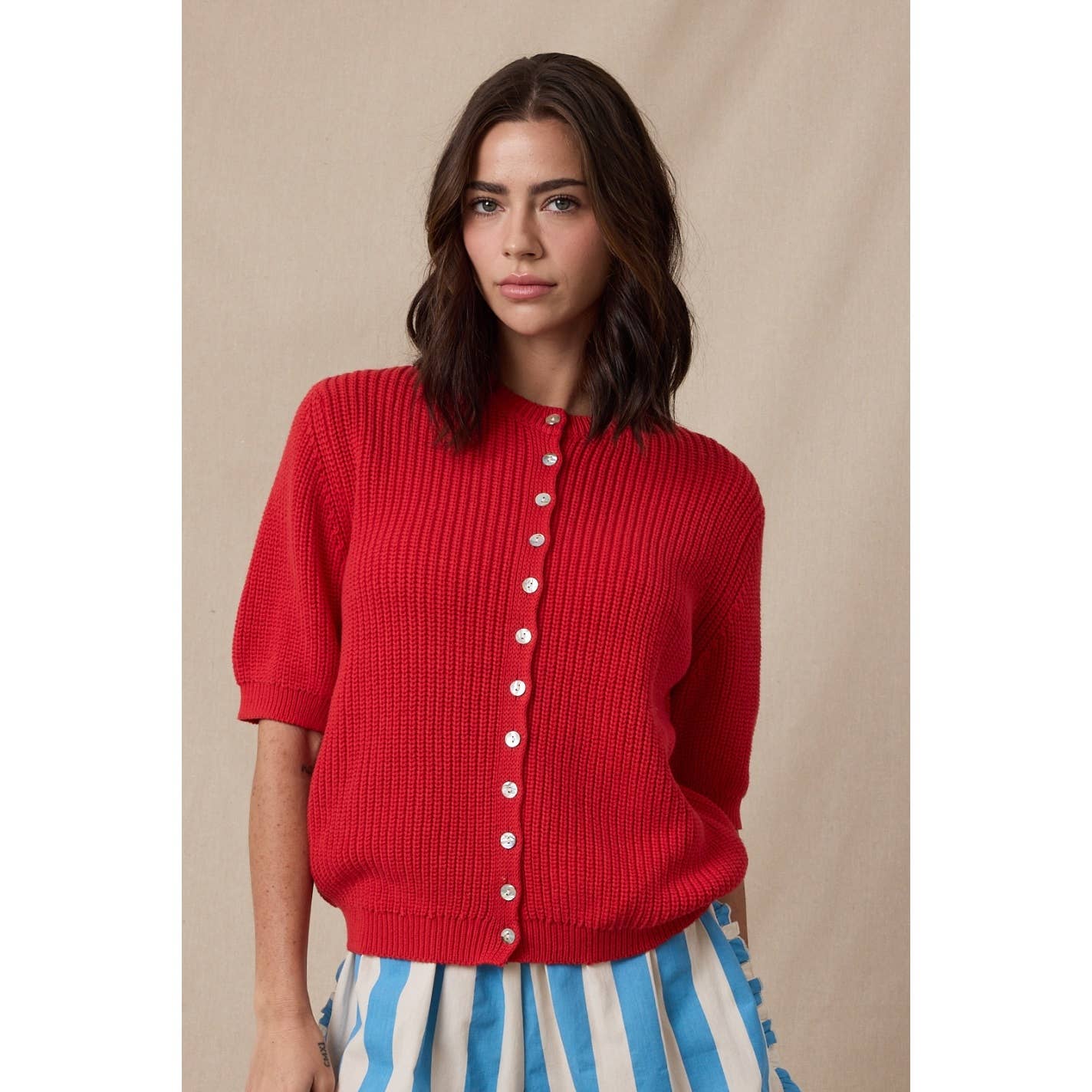 Short Sleeve Cotton Cardigan Sweater • Red