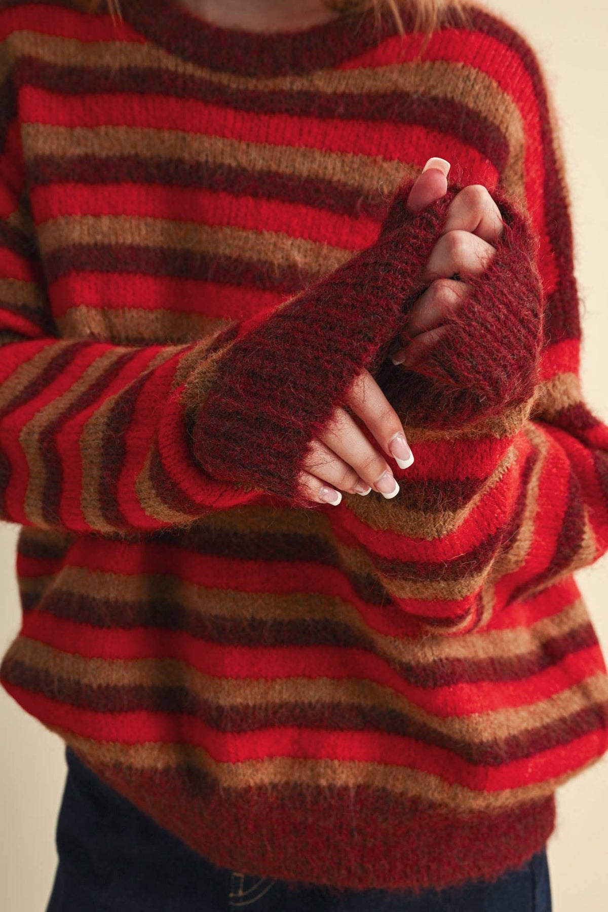 Striped Marled Sweater • Red Burgundy Tan