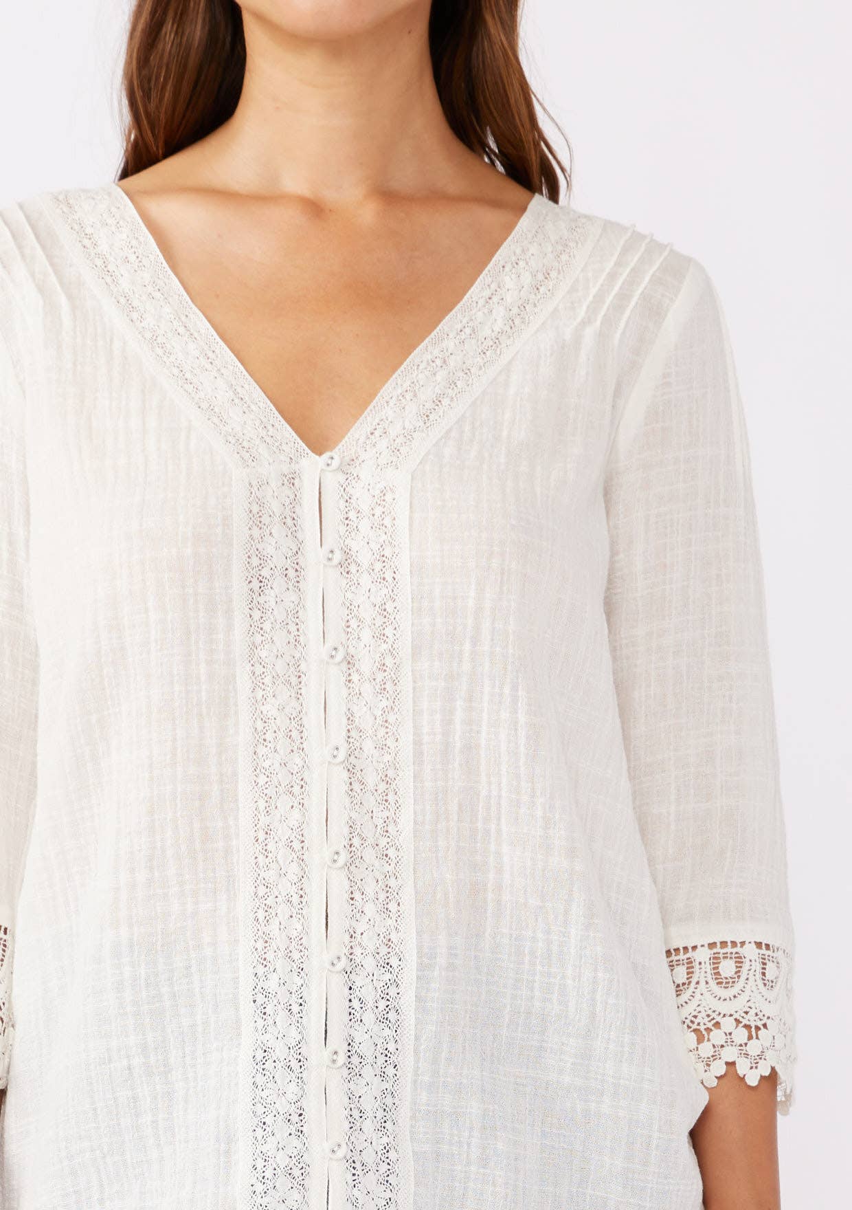 Lace Detail V-Neck Button Down Blouse • Vanilla