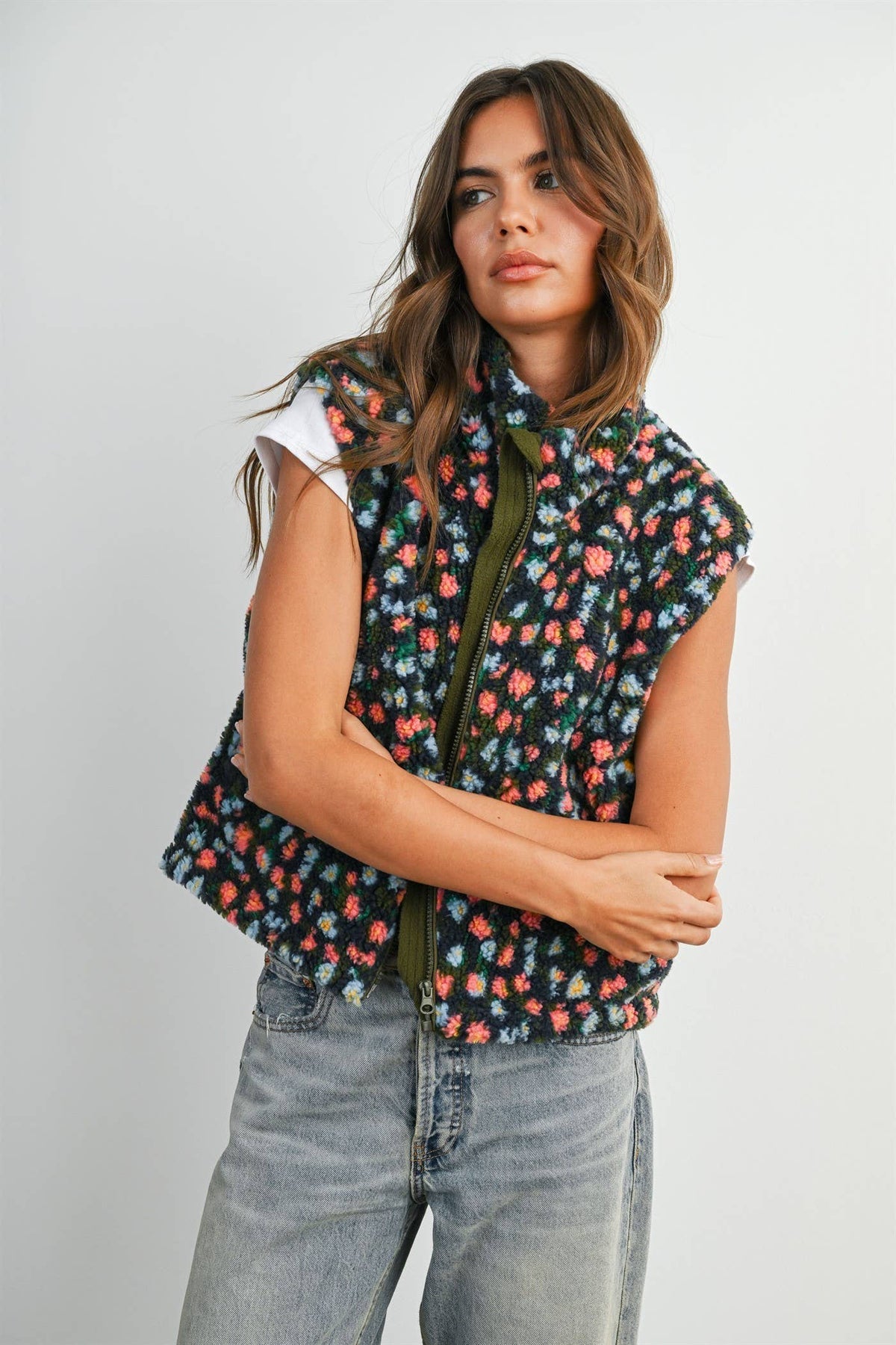 Ditsy Floral Sherpa Fleece Vest • Olive