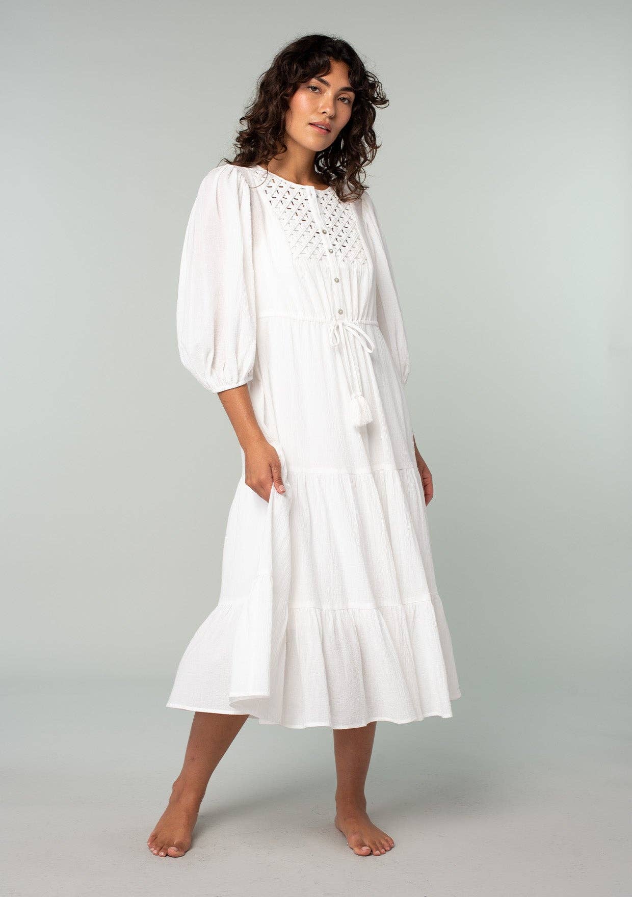Boho Chic Cotton Gauze Balloon Sleeve Midi Dress: White / L