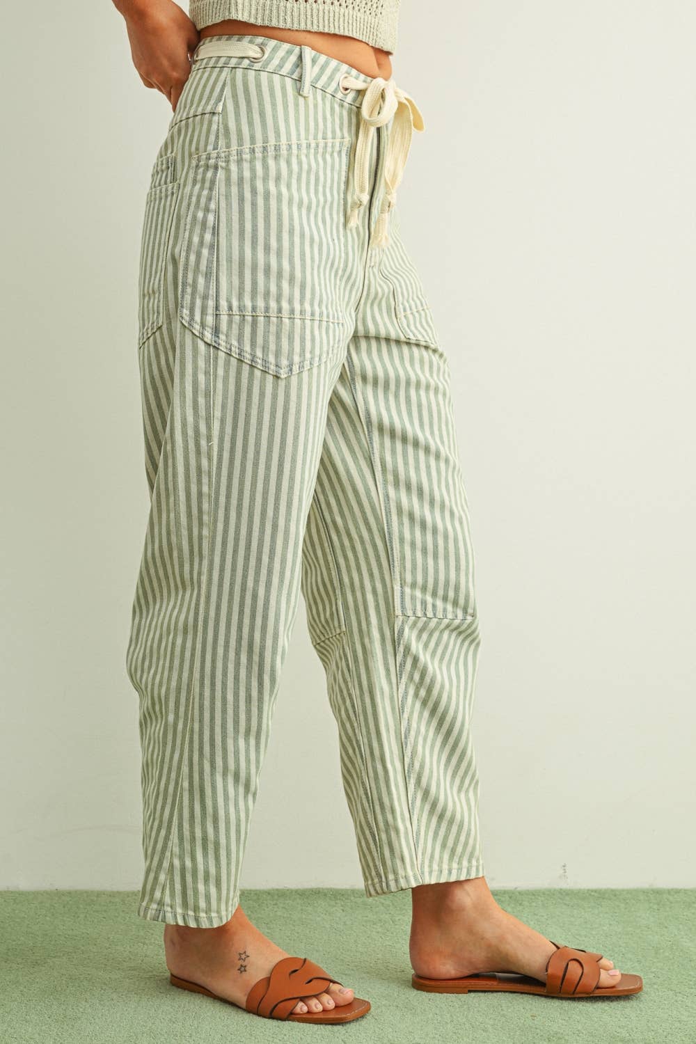 Stripe Barrel Pants • Light Blue & Cream