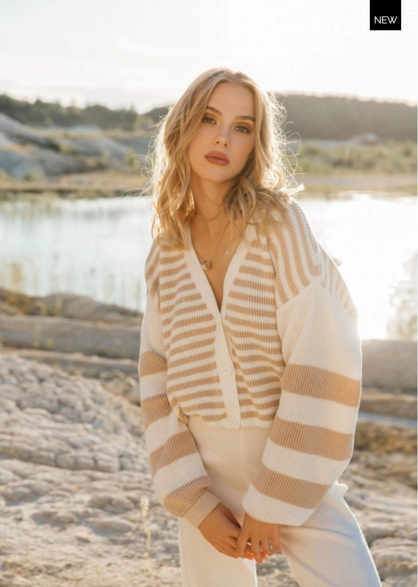 Nenya • Striped V-Neck Cropped Cotton Cardigan • White & Tan