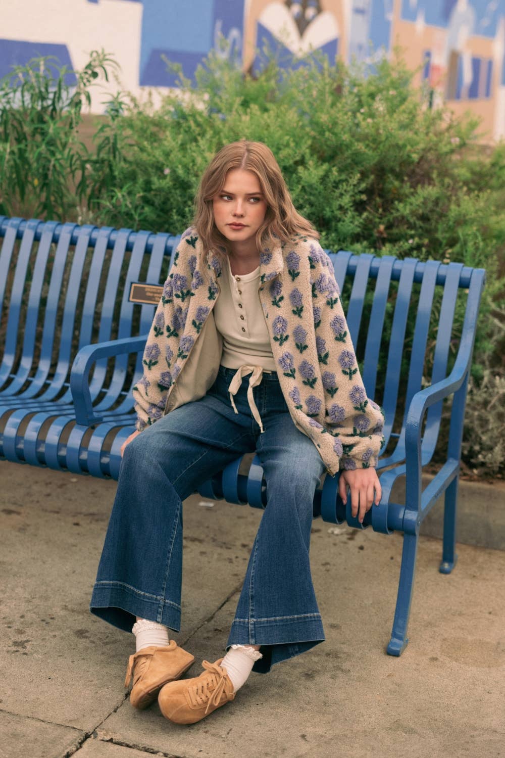 Flower Print Sherpa Jacket • Periwinkle & Ecru