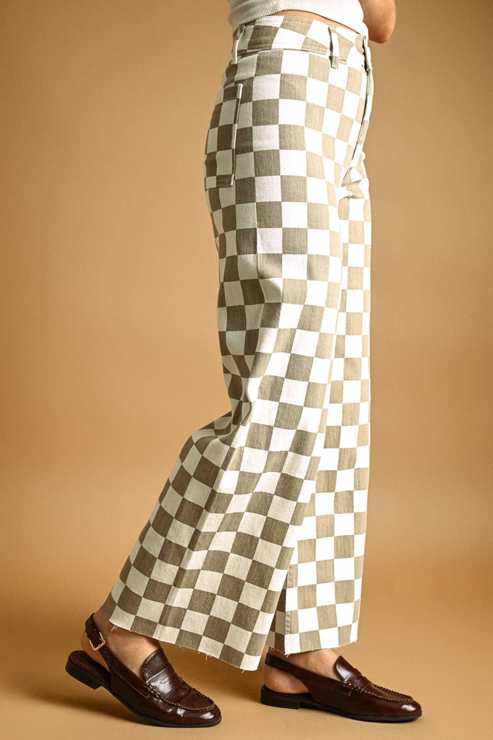 Wide Leg Checker Board Denim • Tan & White