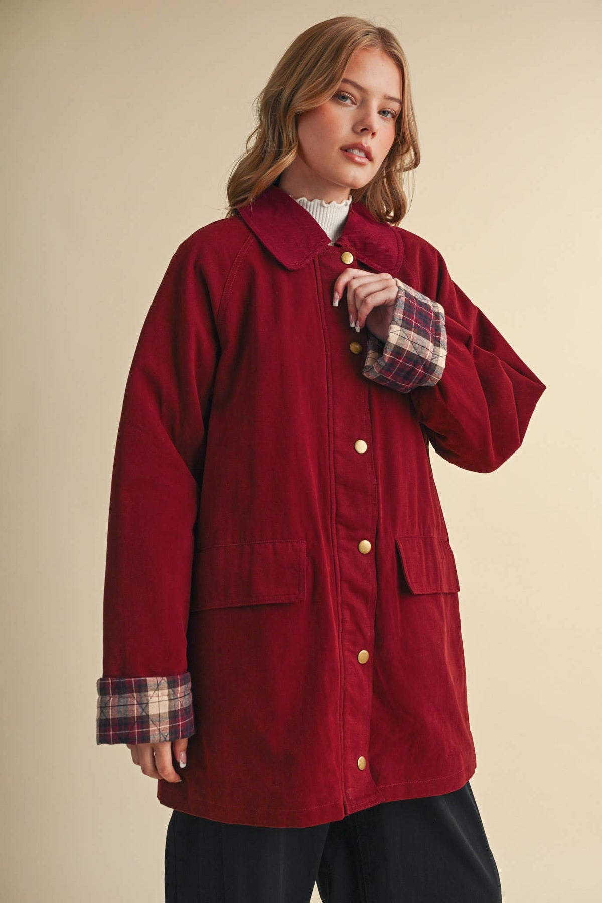 Cotton A-Line Jacket with Plaid Detail • Burgundy
