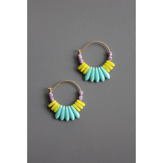 David Aubrey • Small Bead Hoop Earrings • Turquoise Lavender Neon Yellow