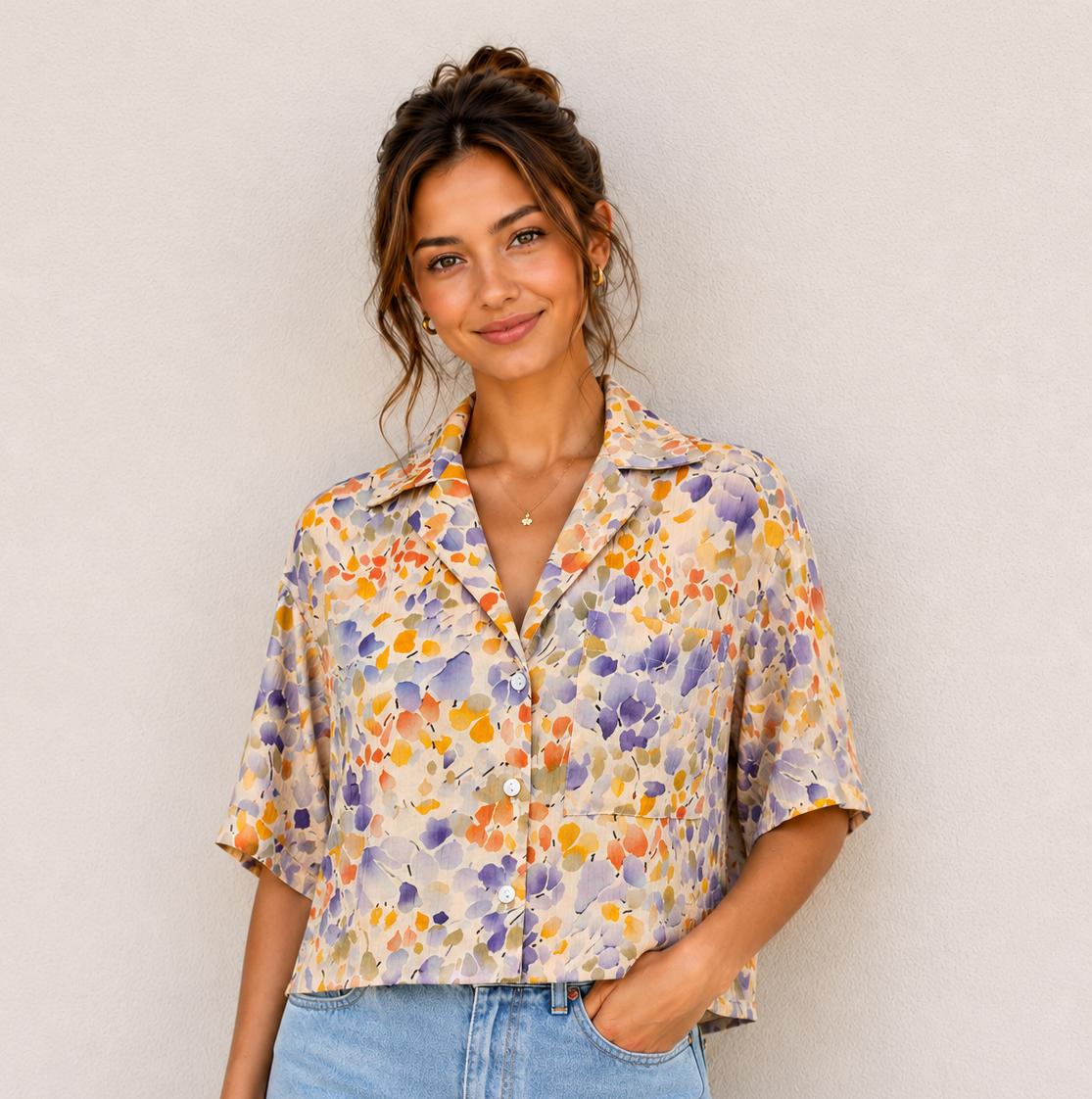 Watercolor Floral Button Blouse • Off-White • Size Medium/Large