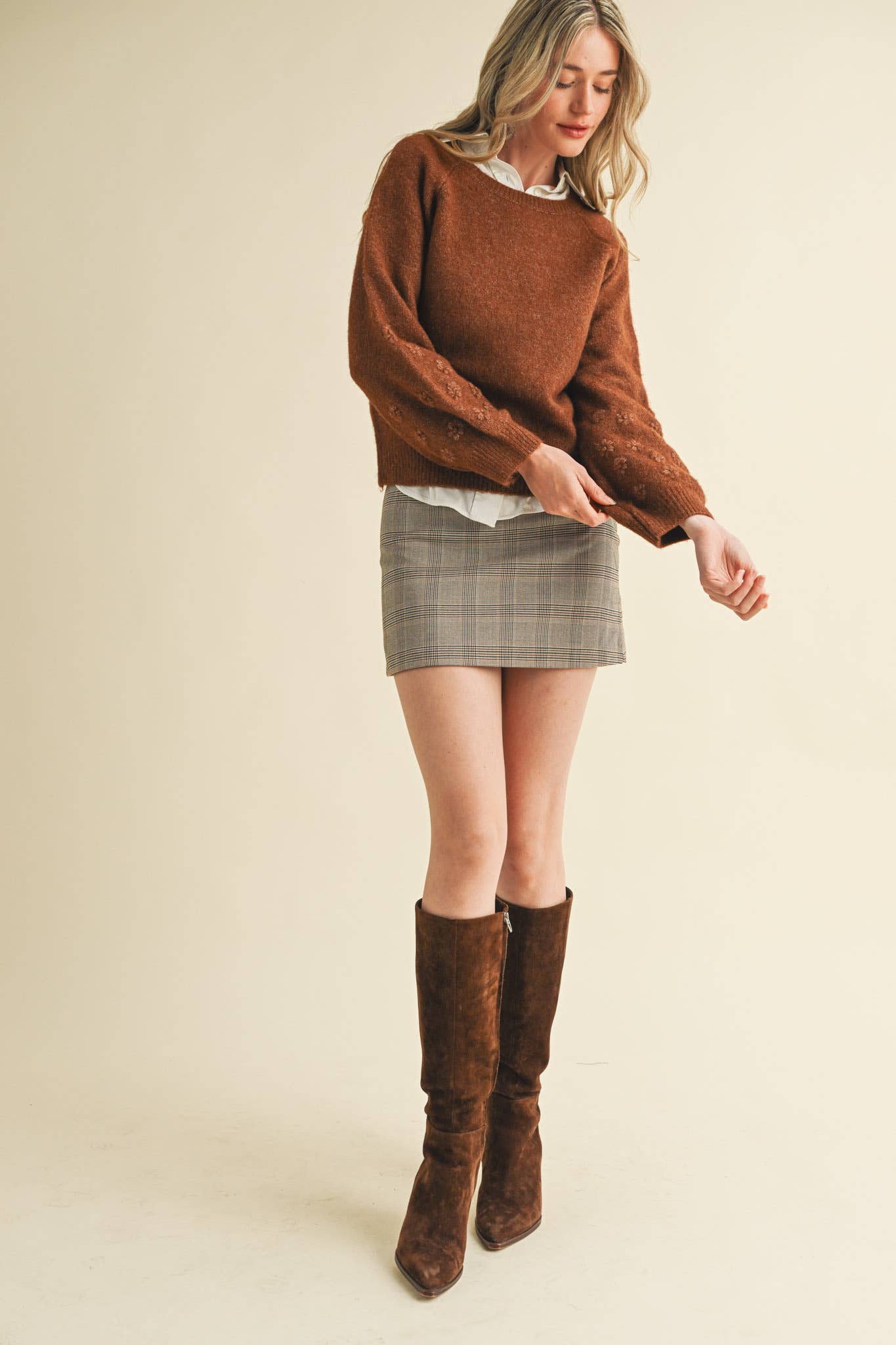 Floral Puff Sleeve Sweater Brown