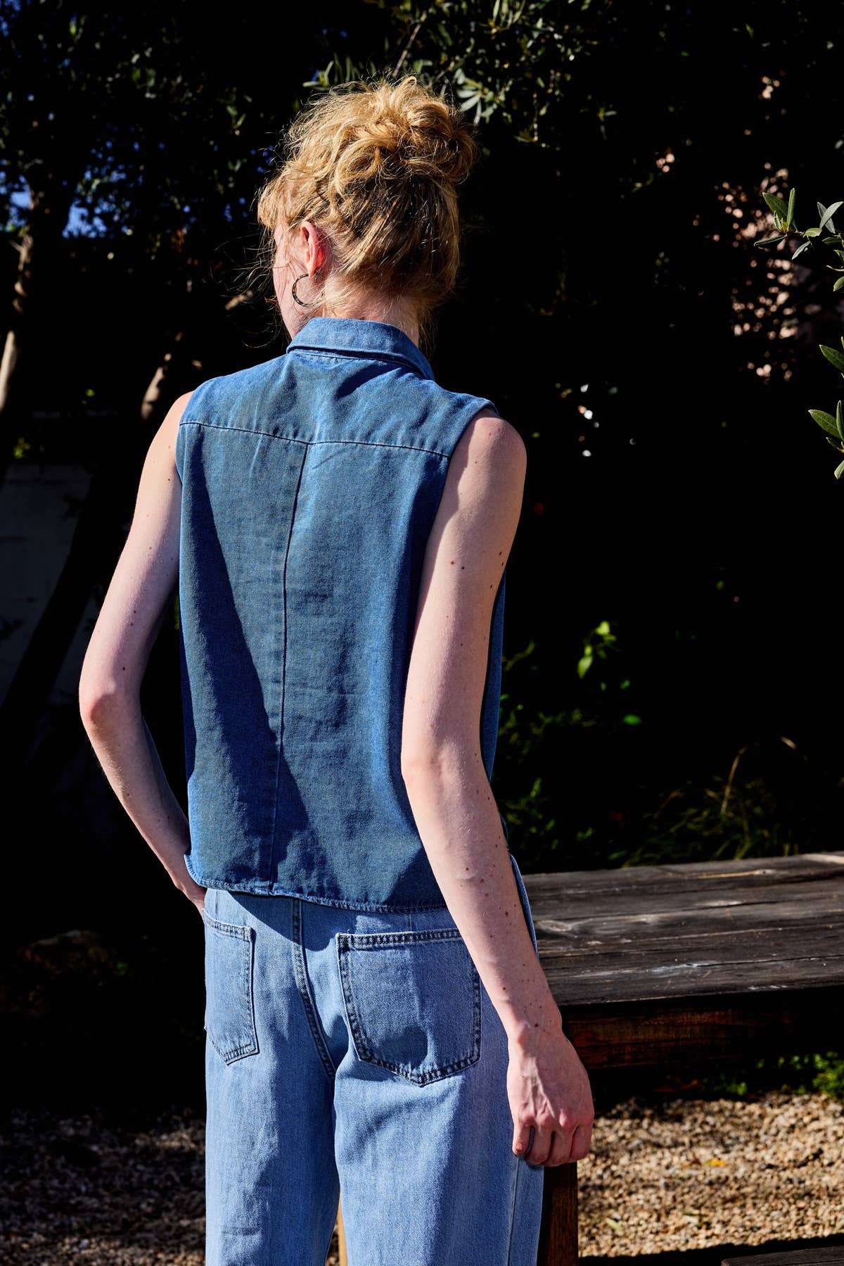 Collared Button Down Sleeveless Top • Denim