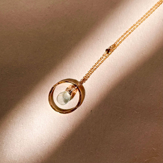 Single Circle and Stone Necklace: Gold Filled / Moss Aquamarine