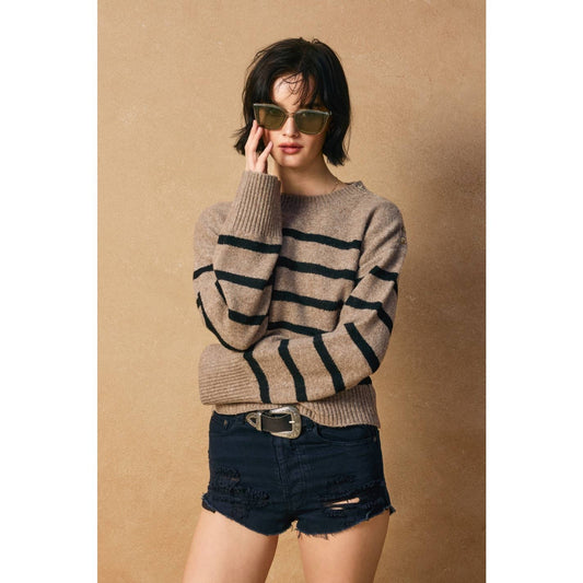 Striped Button Detail Sweater • Dark Taupe Black