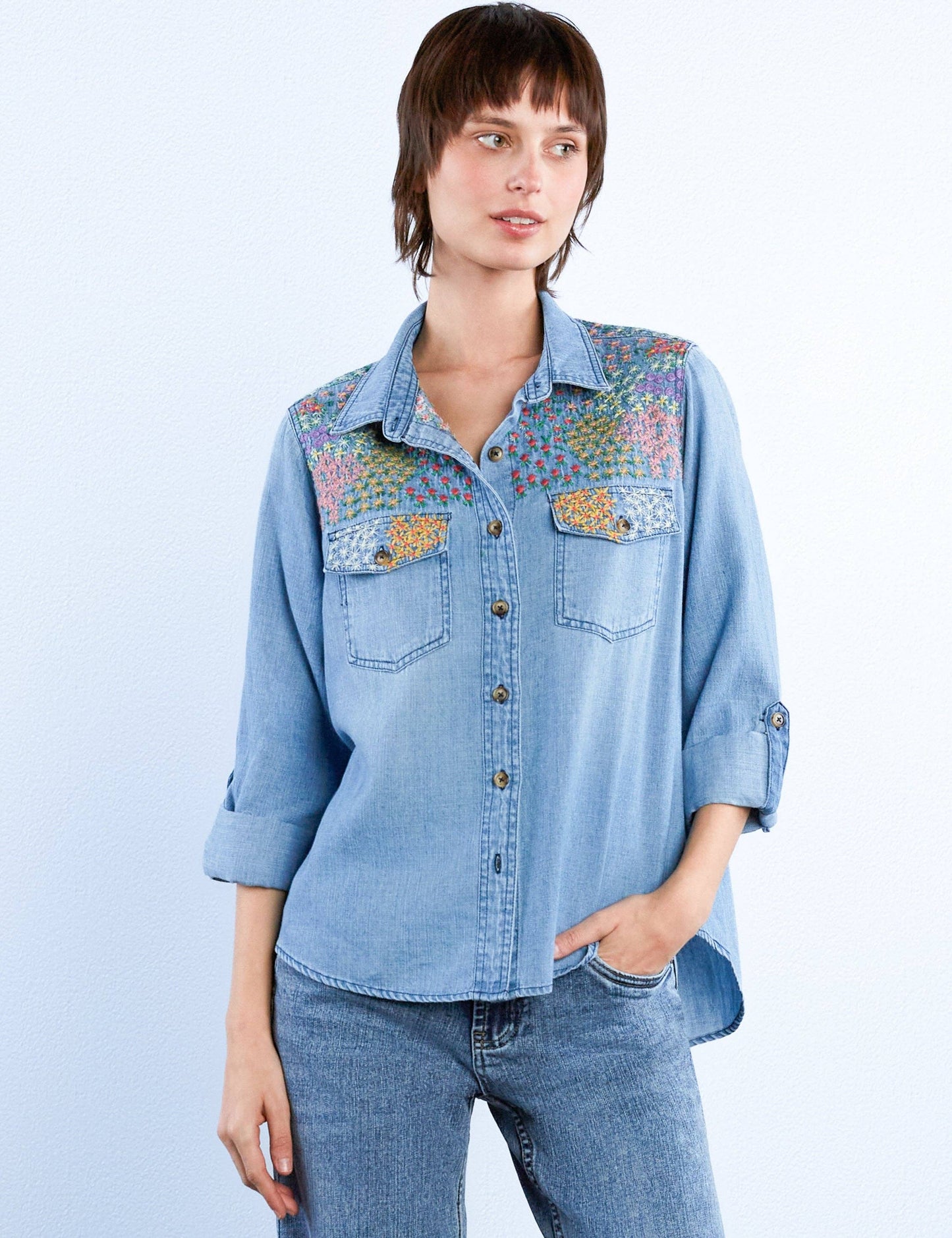 Billy T • Flower Patch Embroidered Shirt • Chambray Denim