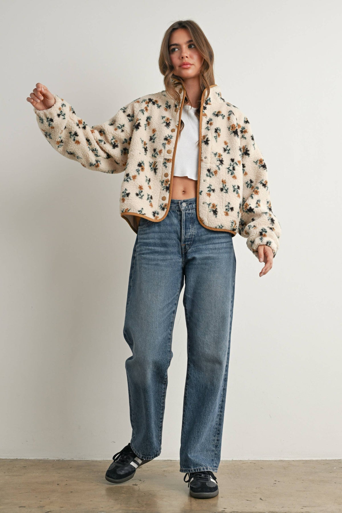 Floral Sherpa Fleece Jacket • Khaki & Cream