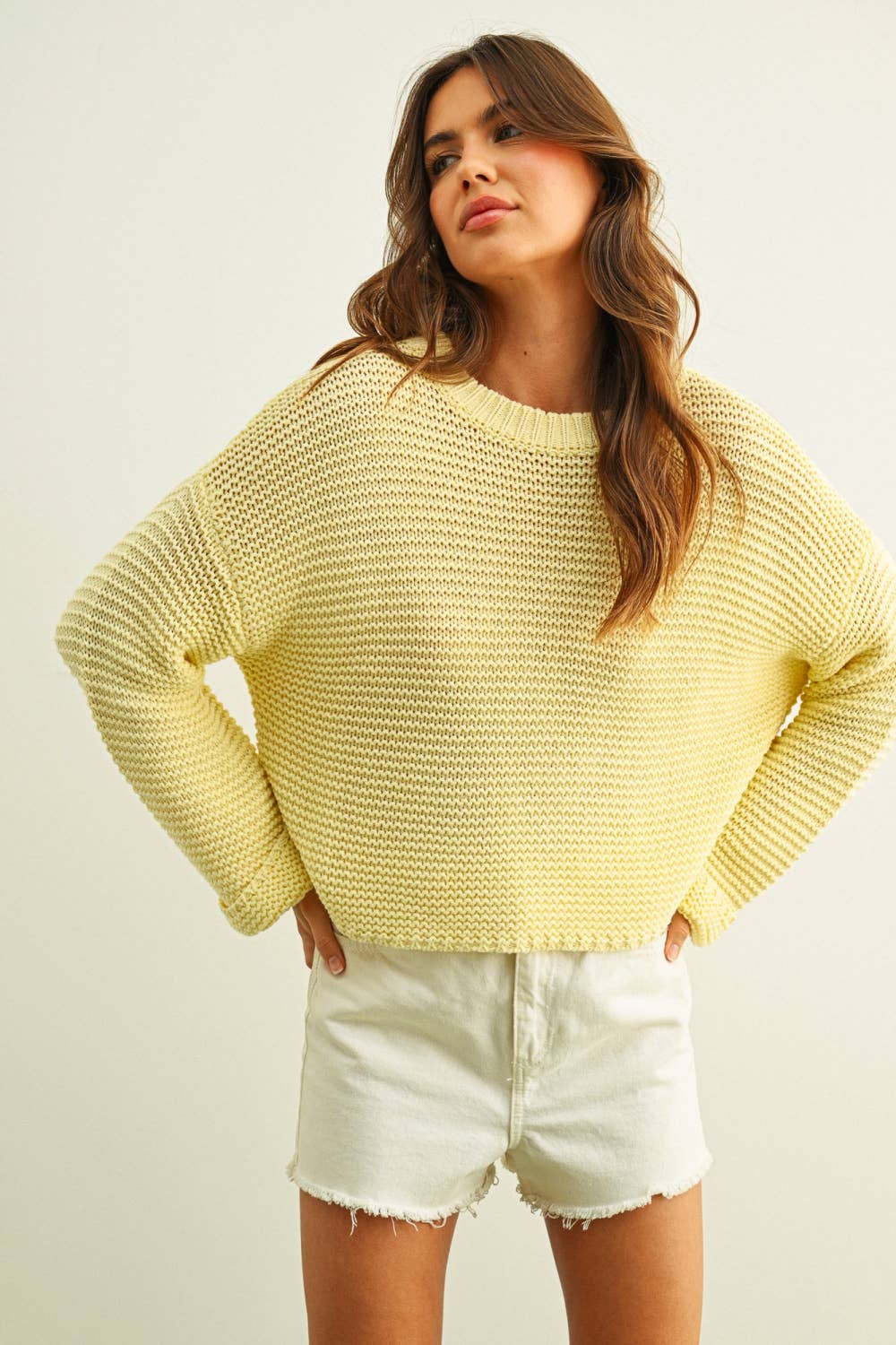 Boxy Crop Cotton Blend Sweater • Pastel Yellow