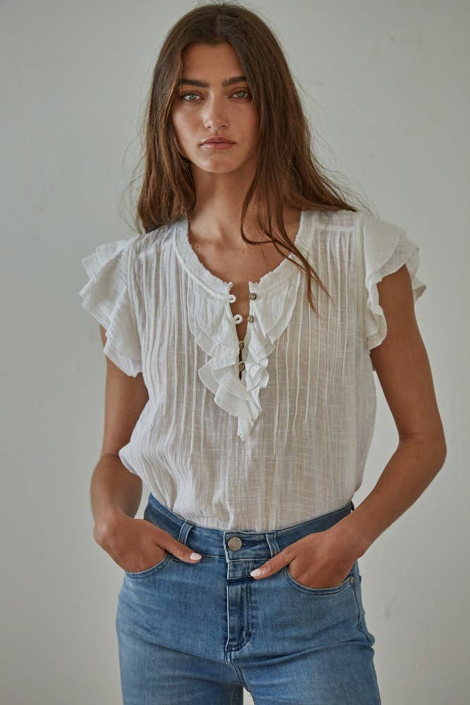 Ruffle Linen Blend Blouse Off White