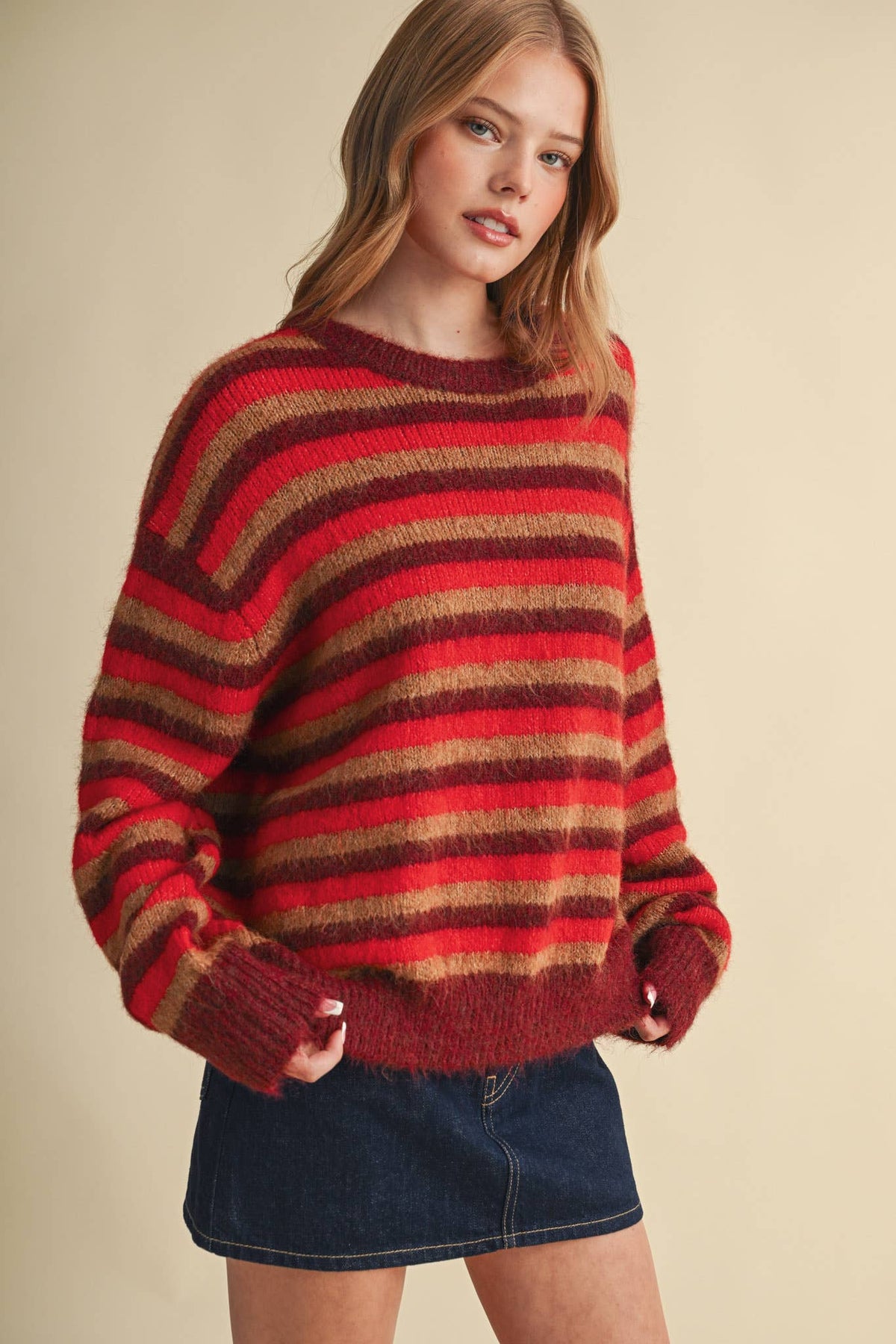 Striped Marled Sweater • Red Burgundy Tan