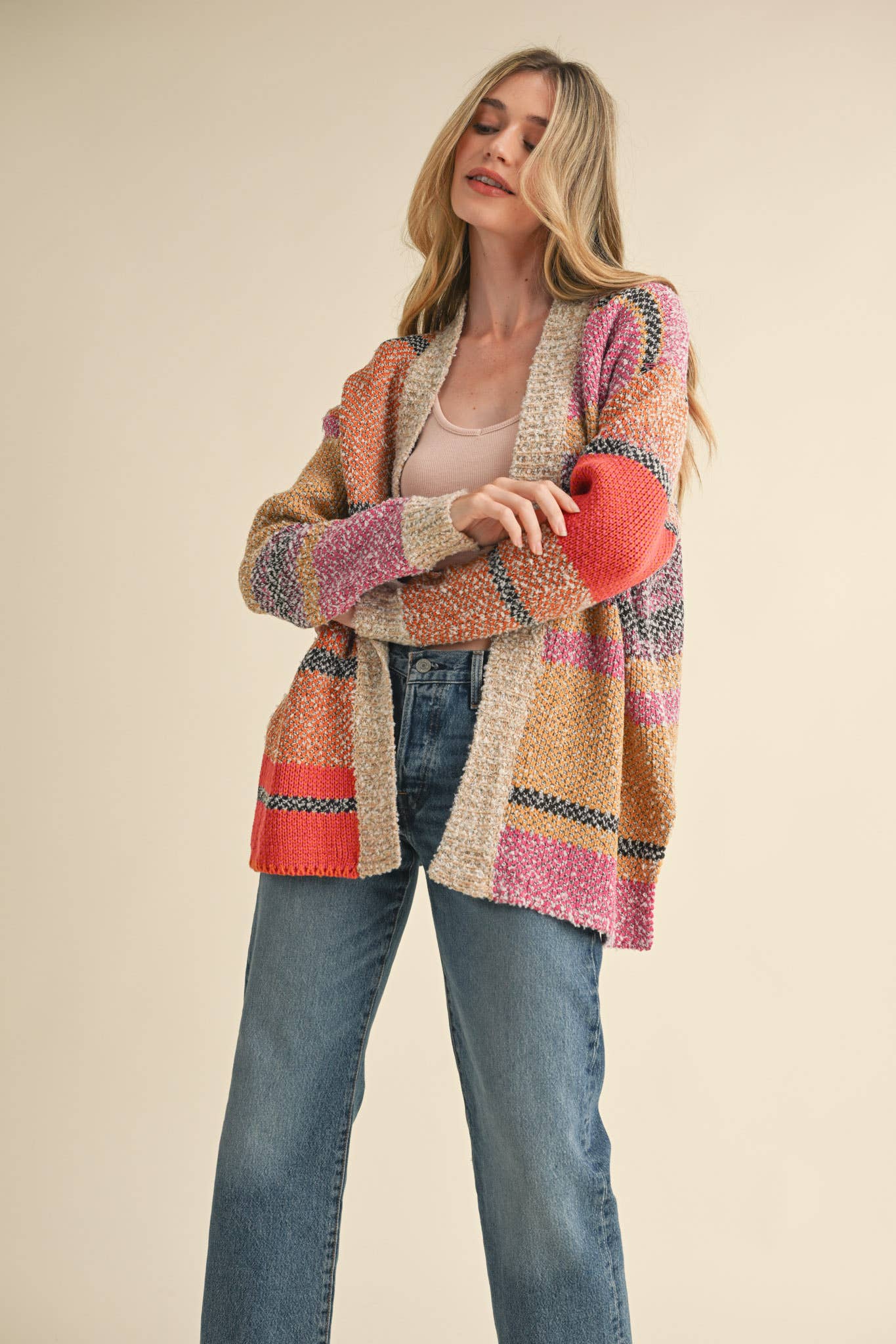 Color Block Cardigan Multi Colored Fuchsia Mustard