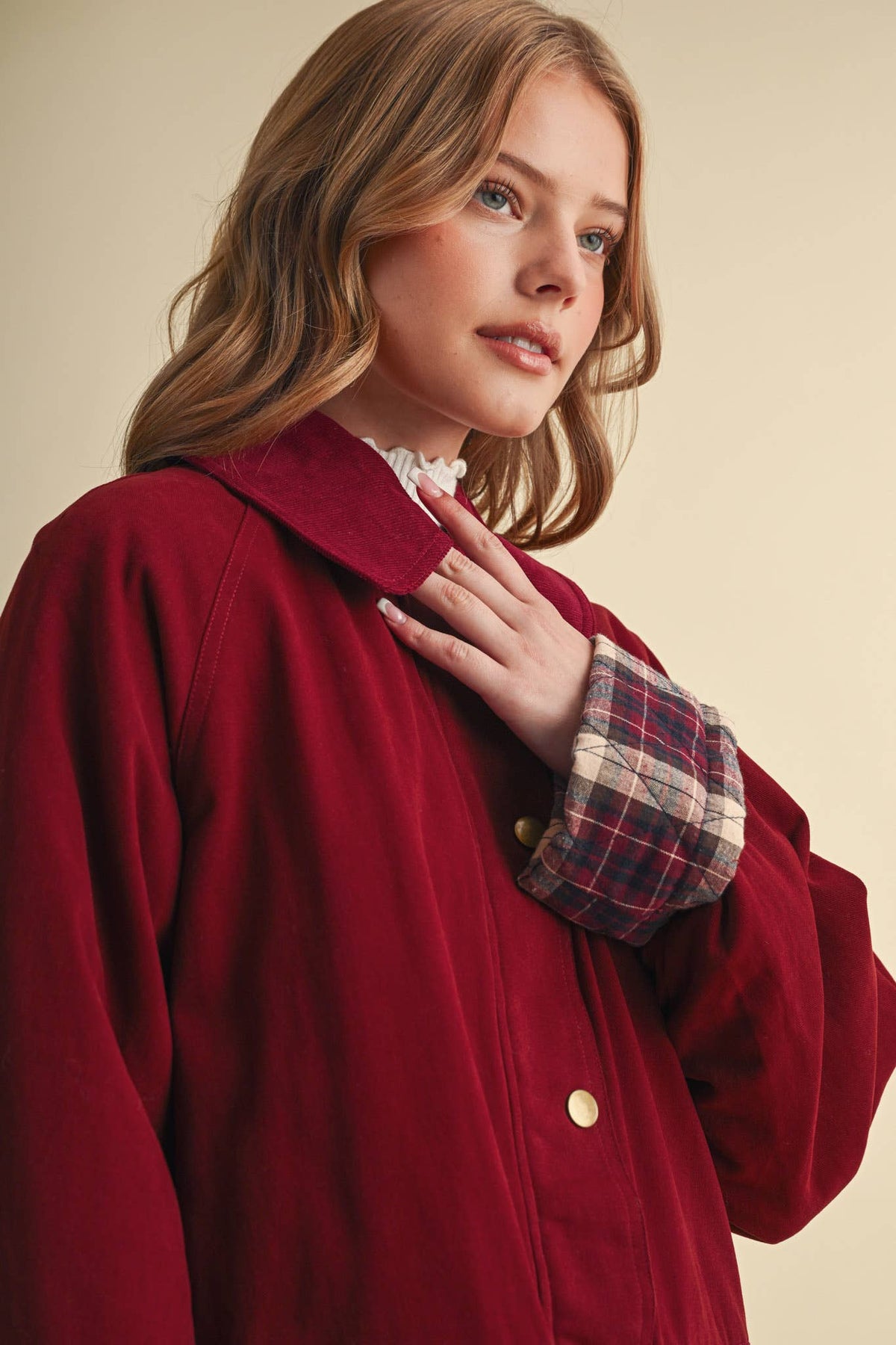 Cotton A-Line Jacket with Plaid Detail • Burgundy