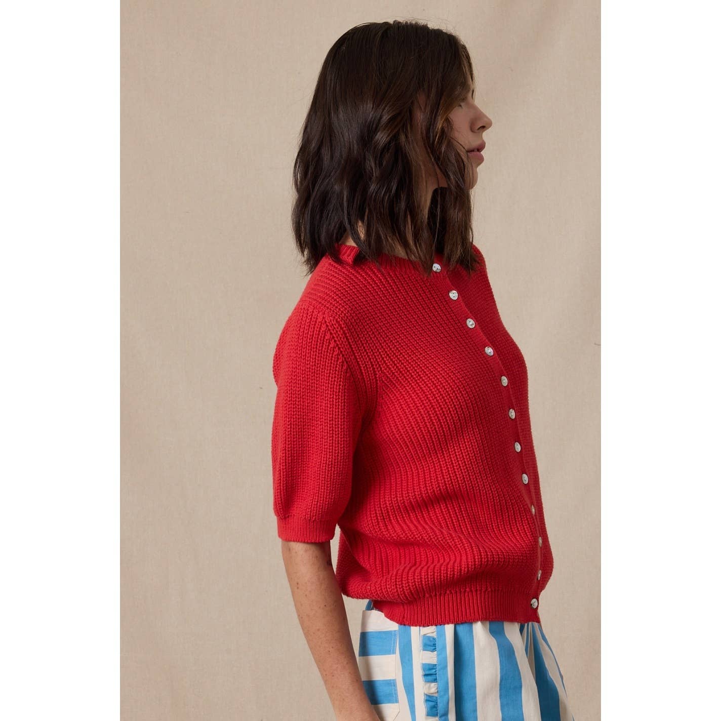 Short Sleeve Cotton Cardigan Sweater • Red