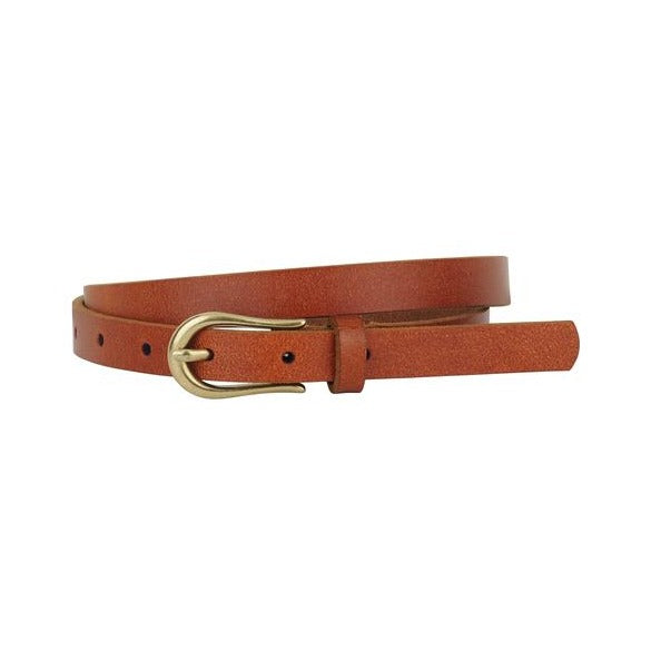 Basic Skinny Leather Belt with Gold Equestrian Buckle • Black or Tan