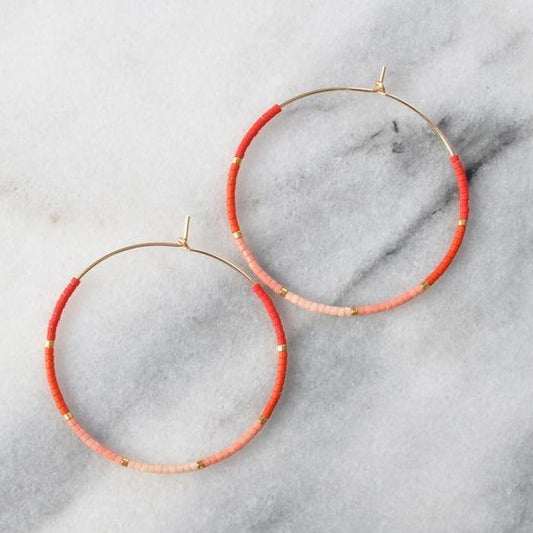 Seamless Seed Bead Hoop Earrings • 14K Gold Fill • Red Coral Ombré