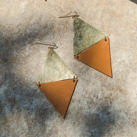 Desert Moon Design Alba Triangle Earrings Leather & Brass