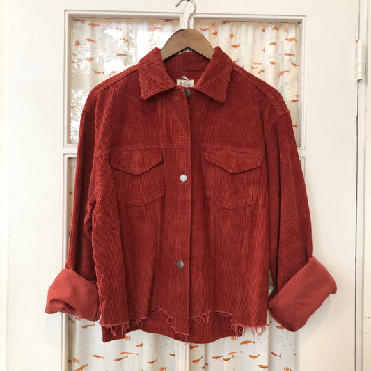 Oversized Corduroy Jacket Distressed Raw Hem • Rusty Red