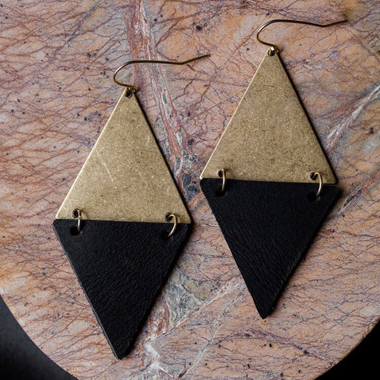 Desert Moon Design Alba Triangle Earrings Leather & Brass