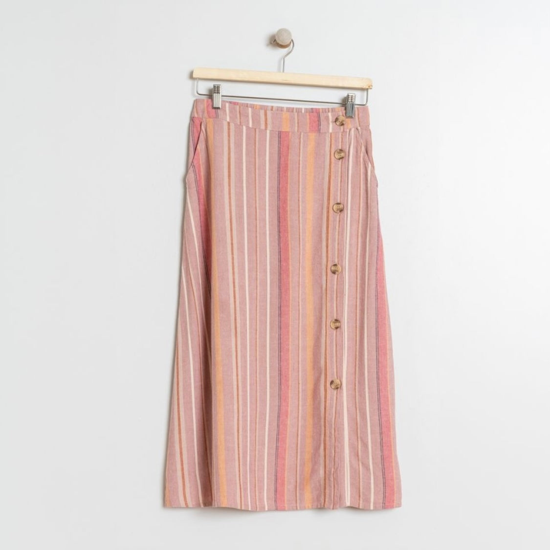 Indi & Cold • Linen Blend Stripe Midi Skirt • Mauve