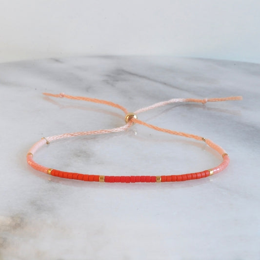 Handmade Adjustable Seed Bead String Bracelets • Red Coral Ombré