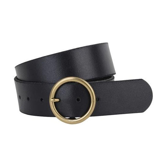 Wide Brass Toned Circle Buckle Belt • Black